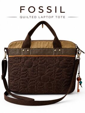 Fossil Laptop Tote Quilted Brown Work Bag Leather Trim